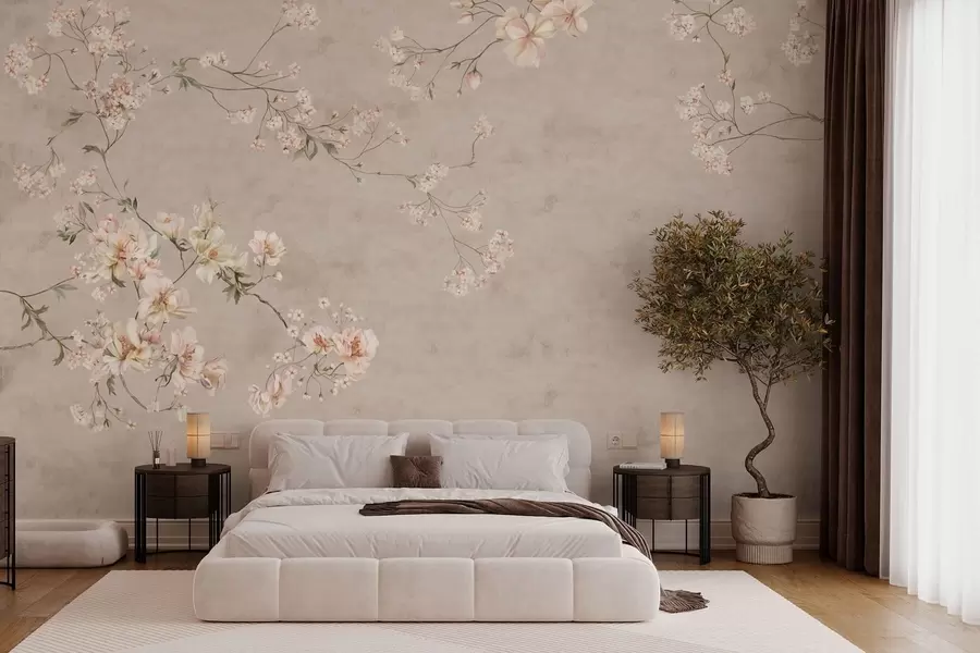 Valokuvatapetti Chinoiserie-tyyliset herkät kukkaoksat vaalealla taustalla w05427