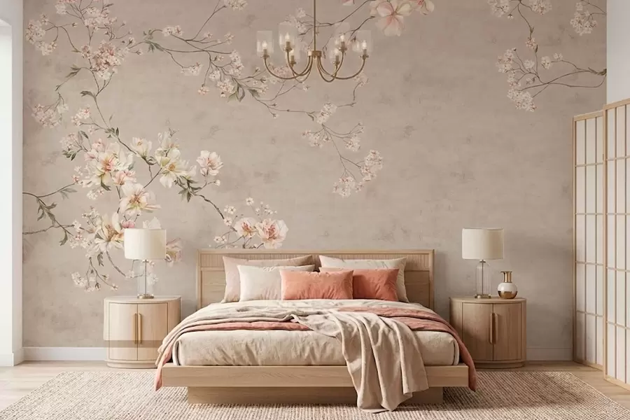 Valokuvatapetti Chinoiserie-tyyliset herkät kukkaoksat vaalealla taustalla w05427