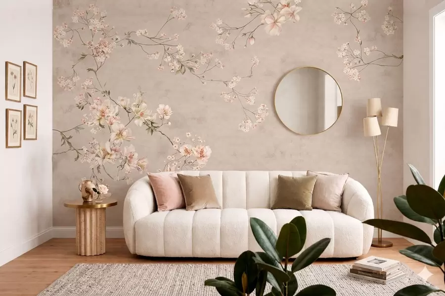 Valokuvatapetti Chinoiserie-tyyliset herkät kukkaoksat vaalealla taustalla w05427