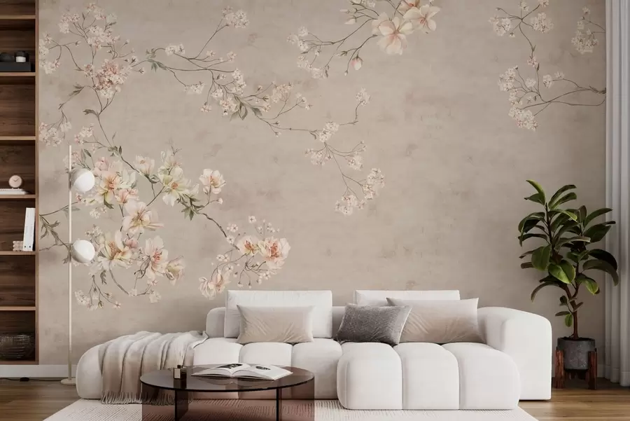 Valokuvatapetti Chinoiserie-tyyliset herkät kukkaoksat vaalealla taustalla w05427