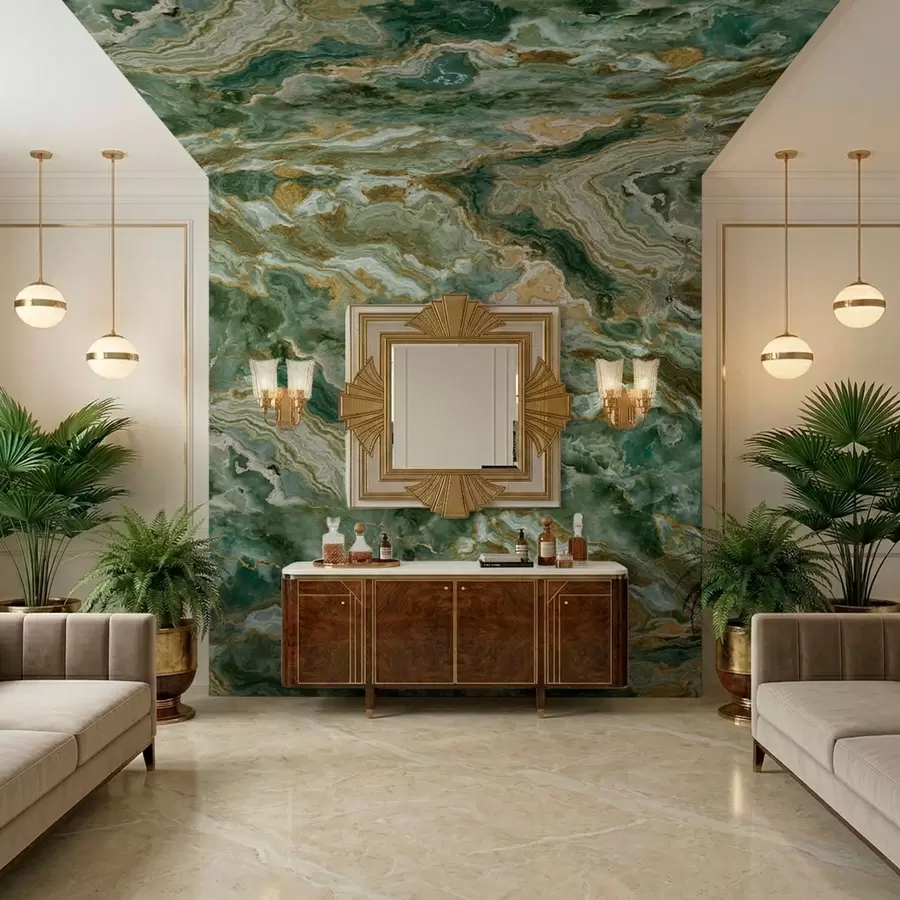 Valokuvatapetti Vihreän onyxin tekstuuri, jossa on virtaavia, kerroksellisia suonia w05429