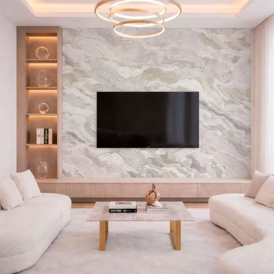 Valokuvatapetti Vaalea onyx, jossa on vaaleanbeigejä ja harmaita, aaltoilevia kerroksia w05430