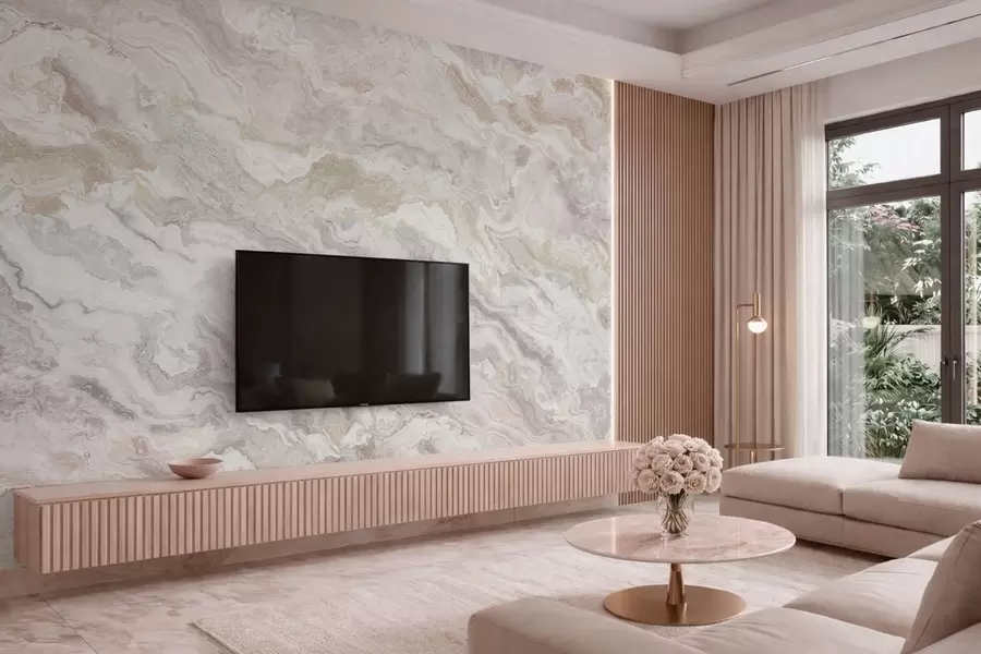 Valokuvatapetti Vaalea onyx, jossa on vaaleanbeigejä ja harmaita, aaltoilevia kerroksia w05430