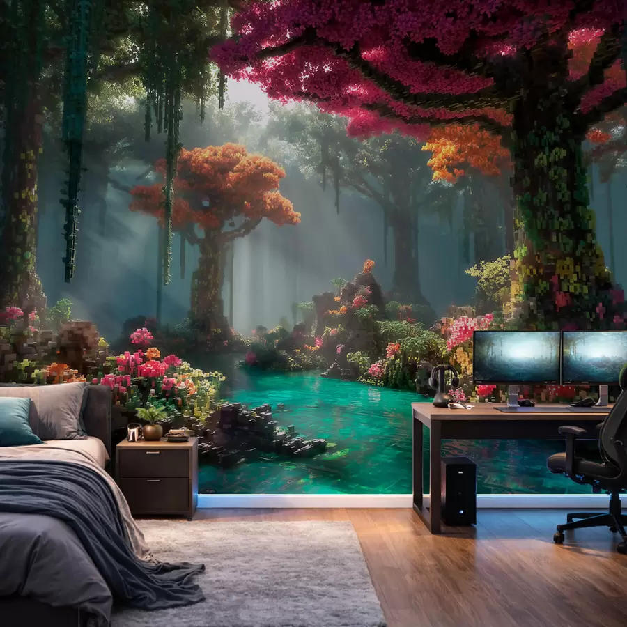 Valokuvatapetti Videopeleistä inspiraationsa saanut pikselimäinen lumottu metsä w09683