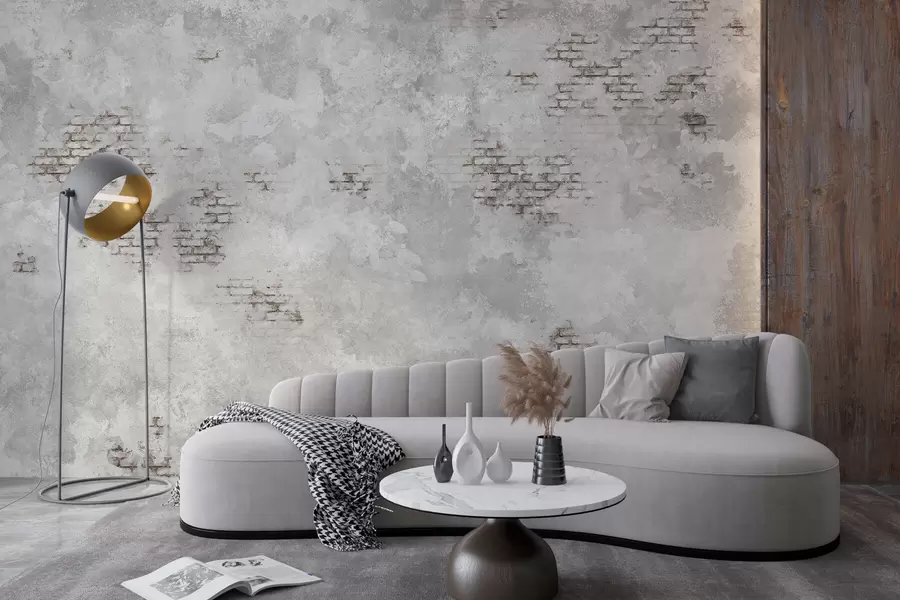 Valokuvatapetti Grunge-tyylinen rappauspinta, jossa näkyy paljaita tiilipaloja w05161