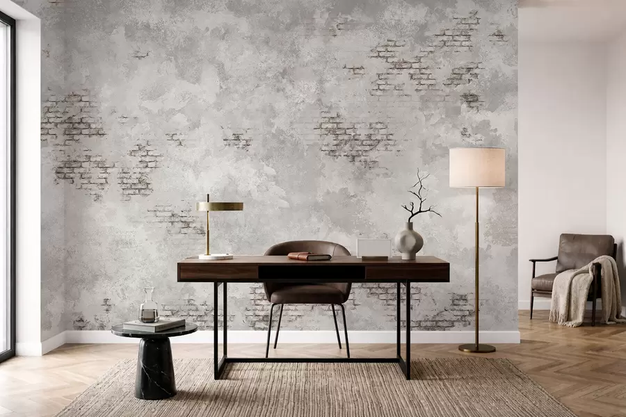 Valokuvatapetti Grunge-tyylinen rappauspinta, jossa näkyy paljaita tiilipaloja w05161