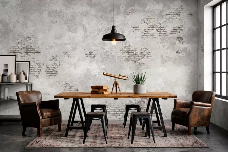 Valokuvatapetti Grunge-tyylinen rappauspinta, jossa näkyy paljaita tiilipaloja w05161
