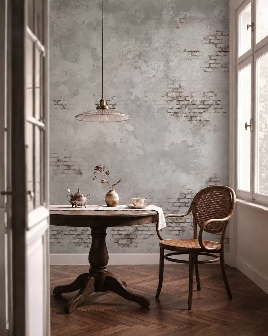 Valokuvatapetti Grunge-tyylinen rappauspinta, jossa näkyy paljaita tiilipaloja w05161