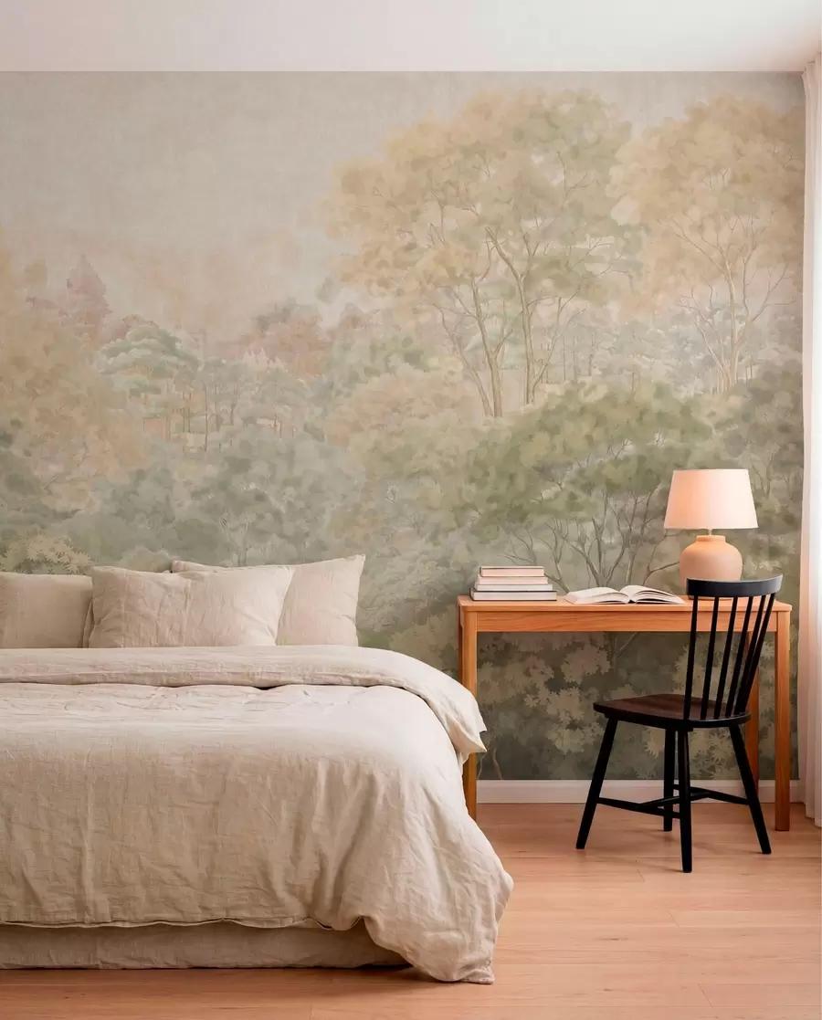 Valokuvatapetti Vintage-tyylinen metsämaisema hillityissä vihreissä sävyissä w05433