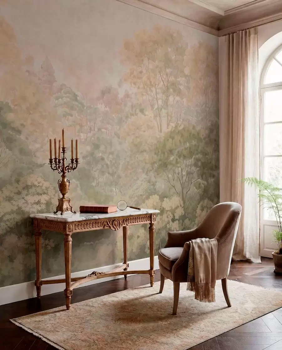 Valokuvatapetti Vintage-tyylinen metsämaisema hillityissä vihreissä sävyissä w05433