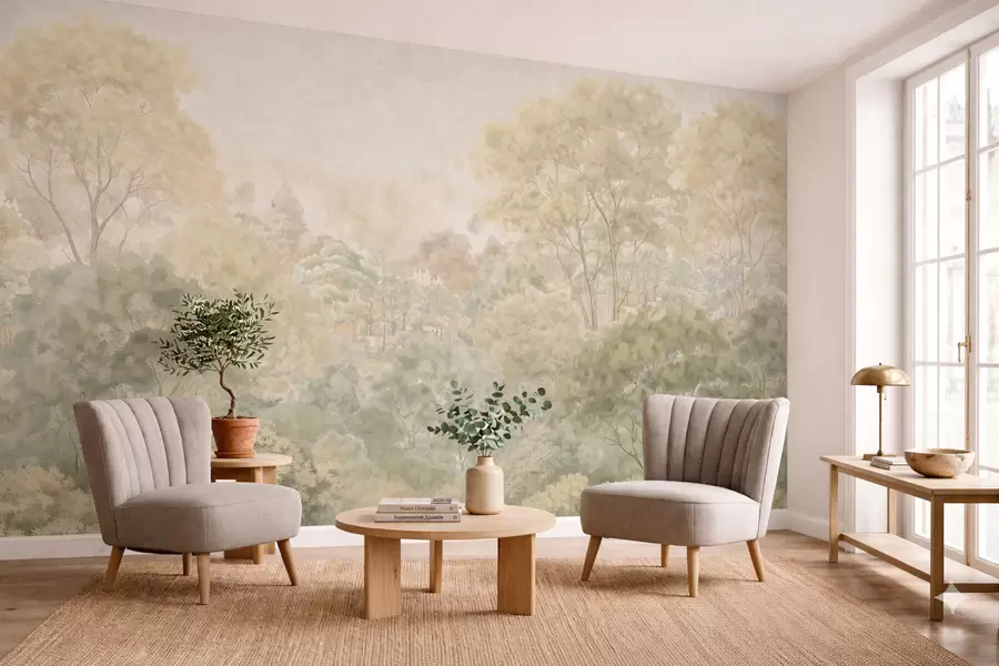 Valokuvatapetti Vintage-tyylinen metsämaisema hillityissä vihreissä sävyissä w05433