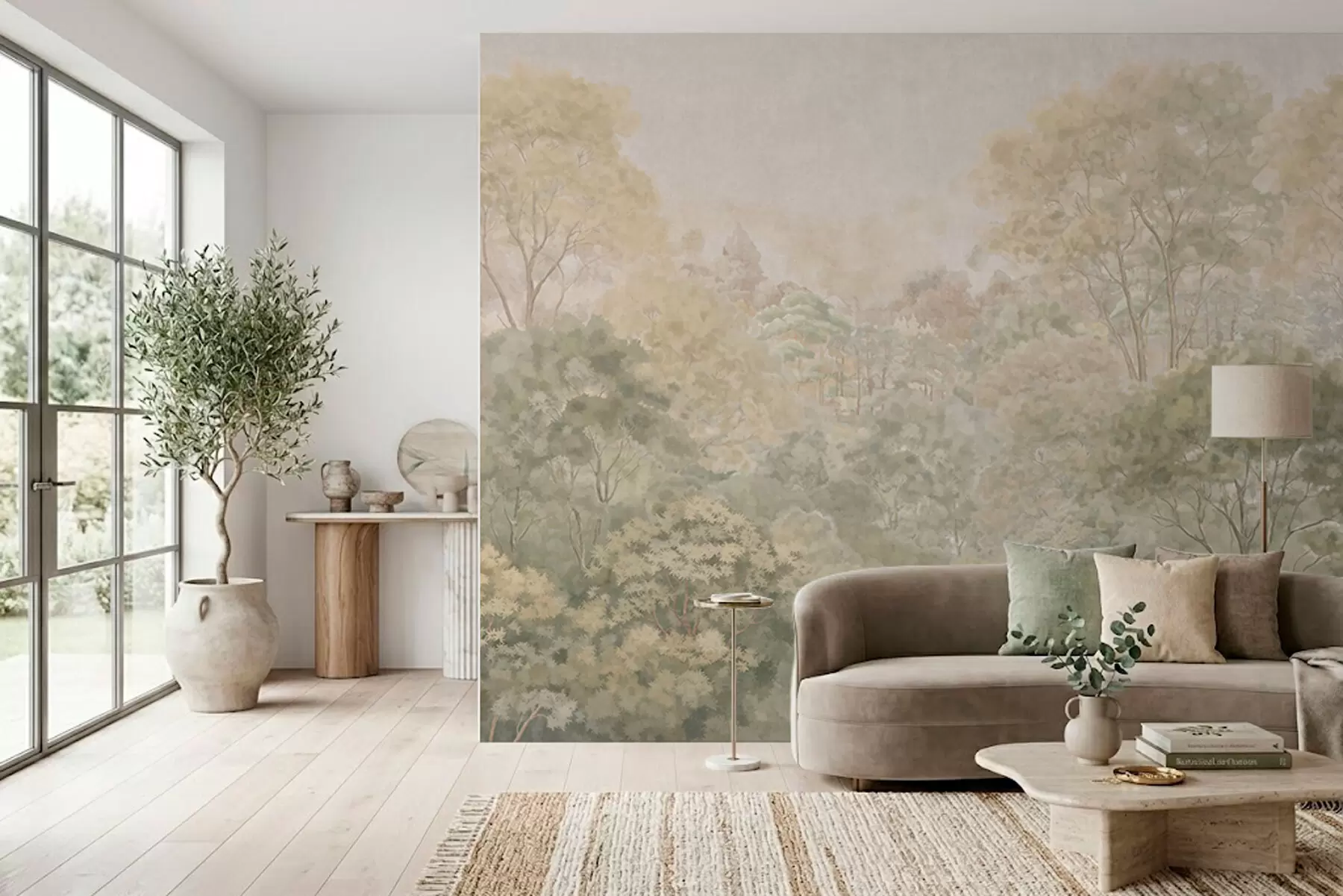 Valokuvatapetti Vintage-tyylinen metsämaisema hillityissä vihreissä sävyissä w05433