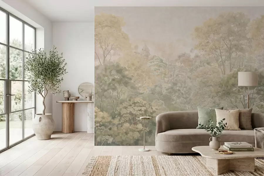 Valokuvatapetti Vintage-tyylinen metsämaisema hillityissä vihreissä sävyissä w05433