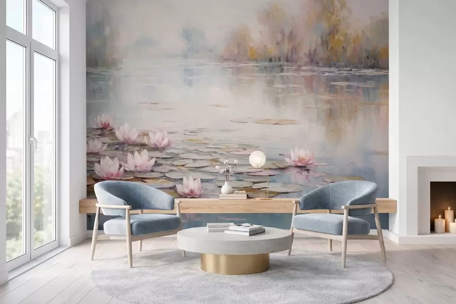 Valokuvatapetti Impressionistinen järvi, jossa on vesililjoja ja pehmeää valoa w05515