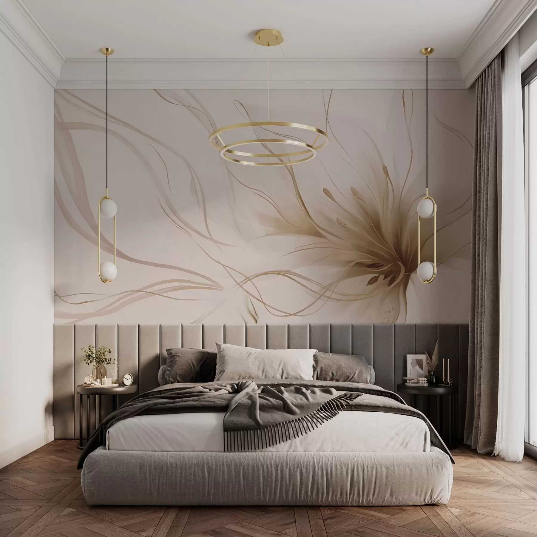 Valokuvatapetti Abstrakti beige kukka, jossa on virtaavia viivoja Fluid Art -tyylillä w05428v2