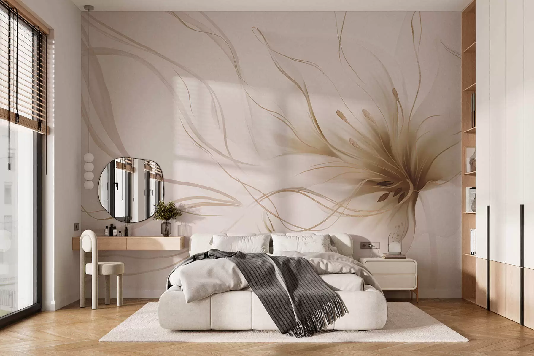 Valokuvatapetti Abstrakti beige kukka, jossa on virtaavia viivoja Fluid Art -tyylillä w05428v2