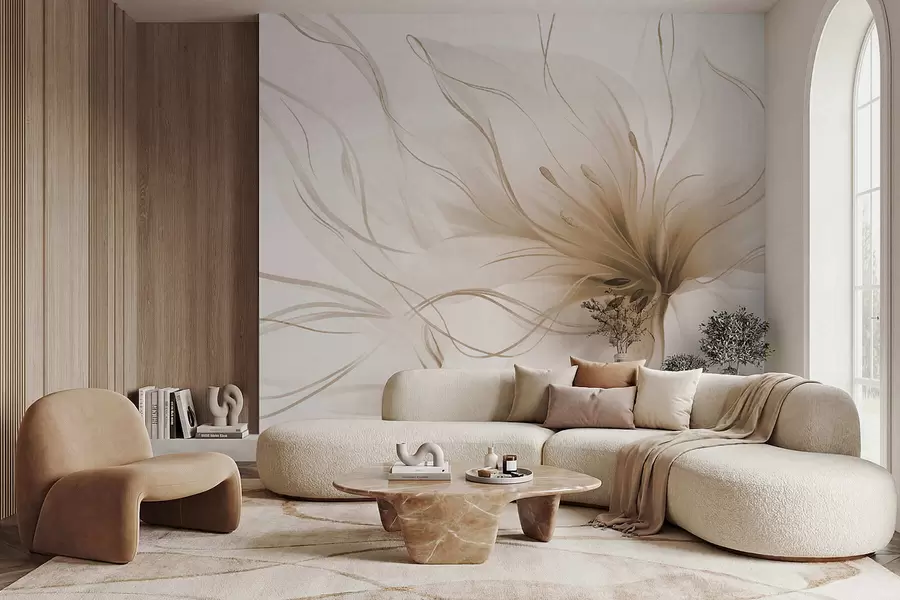 Valokuvatapetti Abstrakti beige kukka, jossa on virtaavia viivoja Fluid Art -tyylillä w05428v2