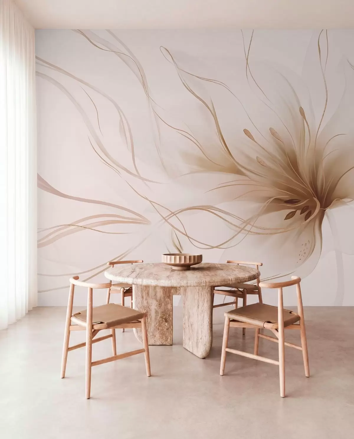 Valokuvatapetti Beige kukka virtaavin viivoin w05428v2