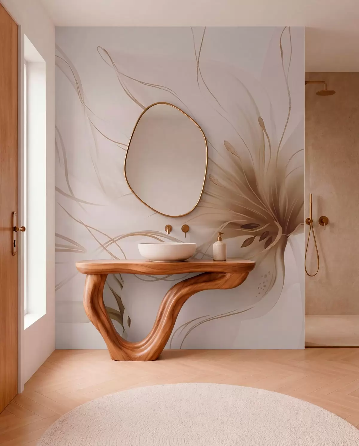 Valokuvatapetti Beige kukka virtaavin viivoin w05428v2