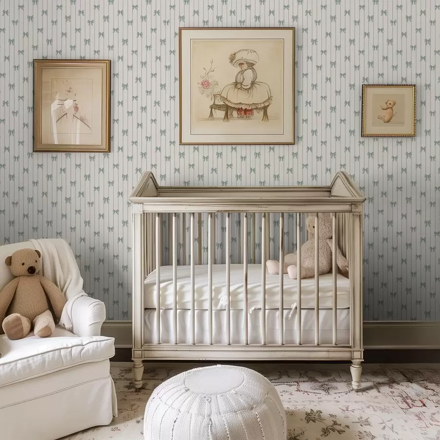 Valokuvatapetti Pienet vihreät rusetit raidallisella kuviolla beigeä taustaa vasten a01076v2