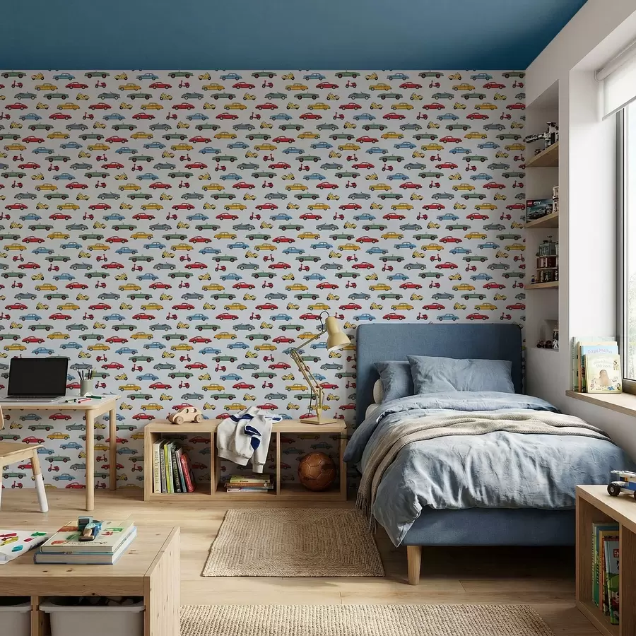 Valokuvatapetti Retroautot ja skootterit sinisellä taustalla a01172v2