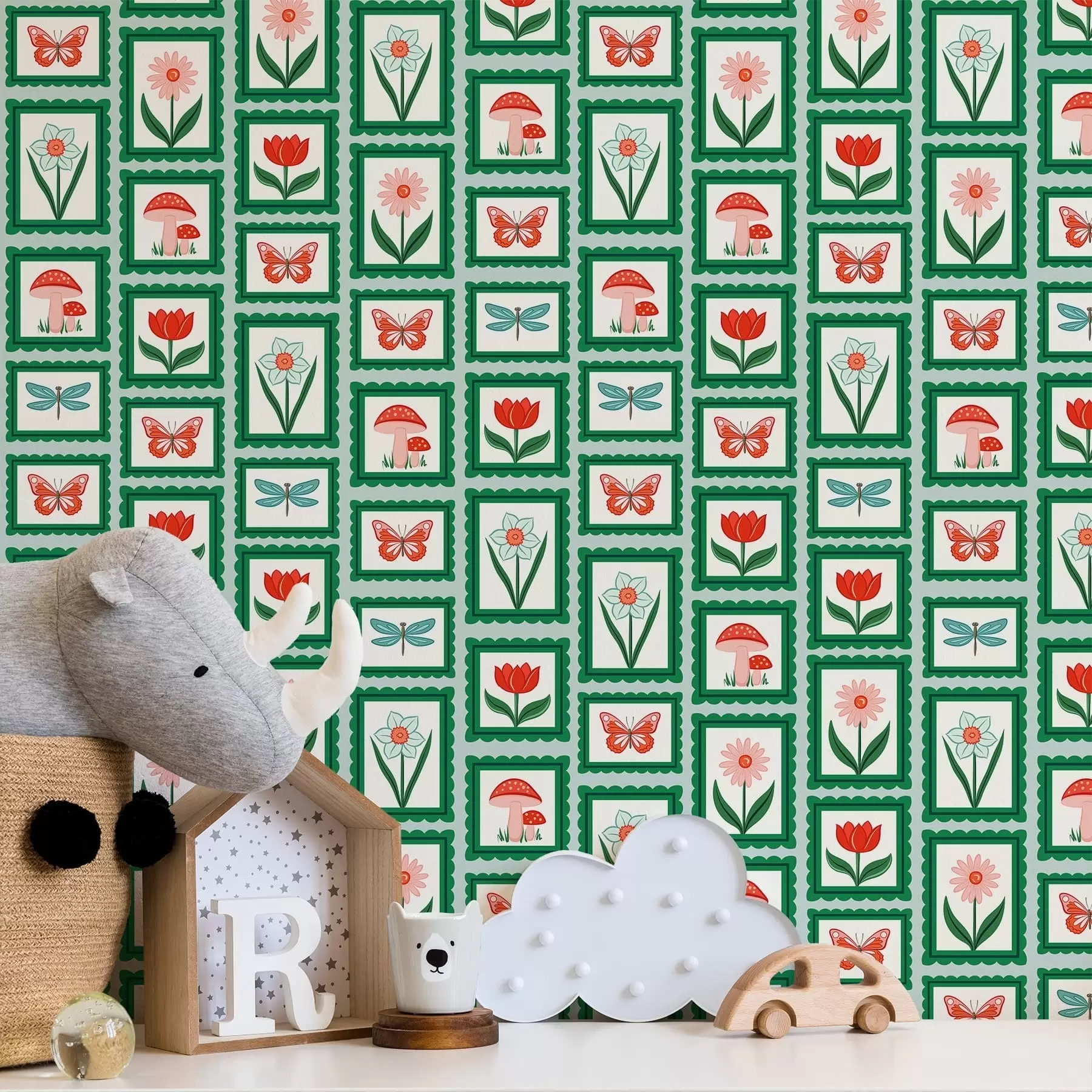 Valokuvatapetti Kehystetyt kukat, sienet ja perhoset a01175