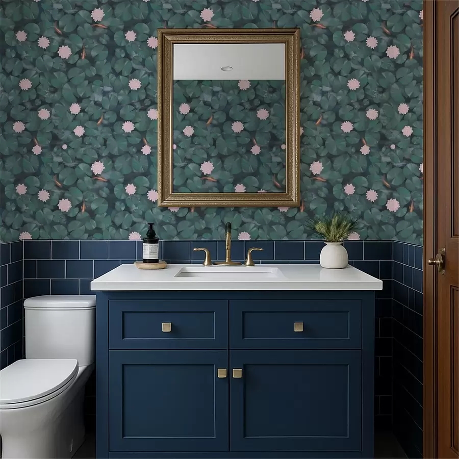 Valokuvatapetti Vesililjat, kukkia ja kaloja tummalla taustalla a01177