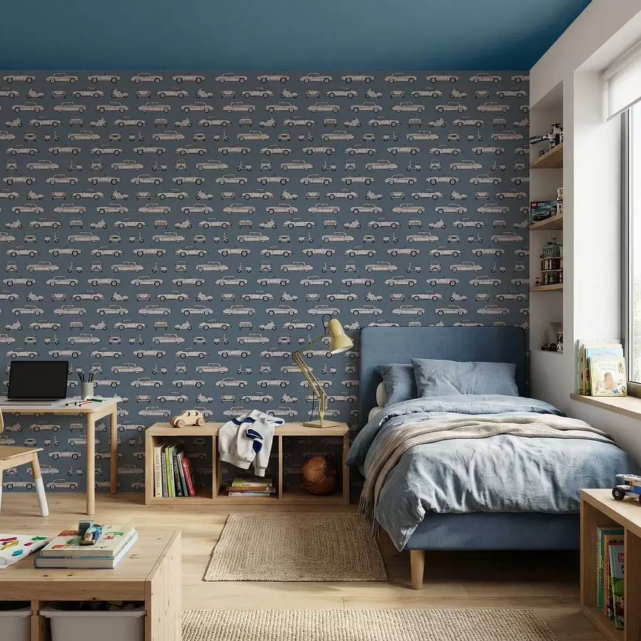 Valokuvatapetti Retroautot ja skootterit sinisellä taustalla a01178