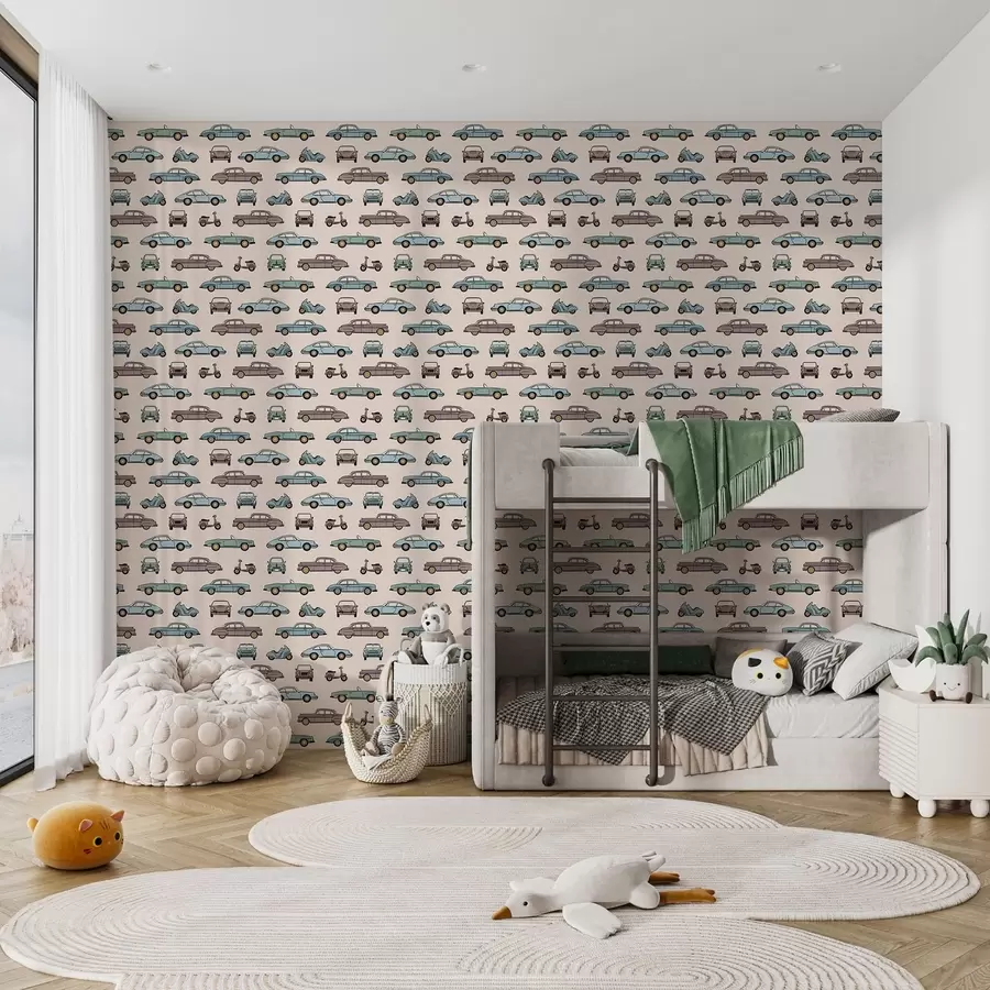 Valokuvatapetti Retroautot ja skootterit beigeä taustaa vasten a01178v1