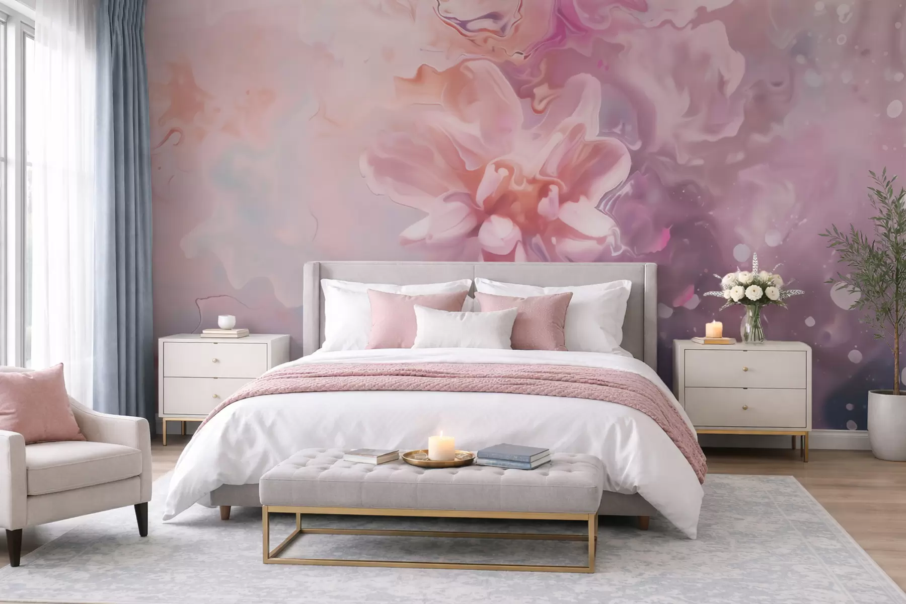 Valokuvatapetti Abstrakti sommitelma, jossa on kukka ja pehmeän vaaleanpunaisia vesivärihenkisiä sävyjä w09859