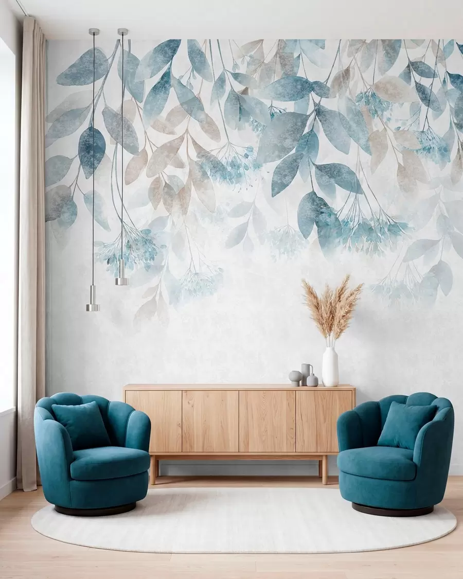 Valokuvatapetti kuvioidut, aaltoilevat lehdet sekä turkoosin ja beigen sävyiset kukat w05565