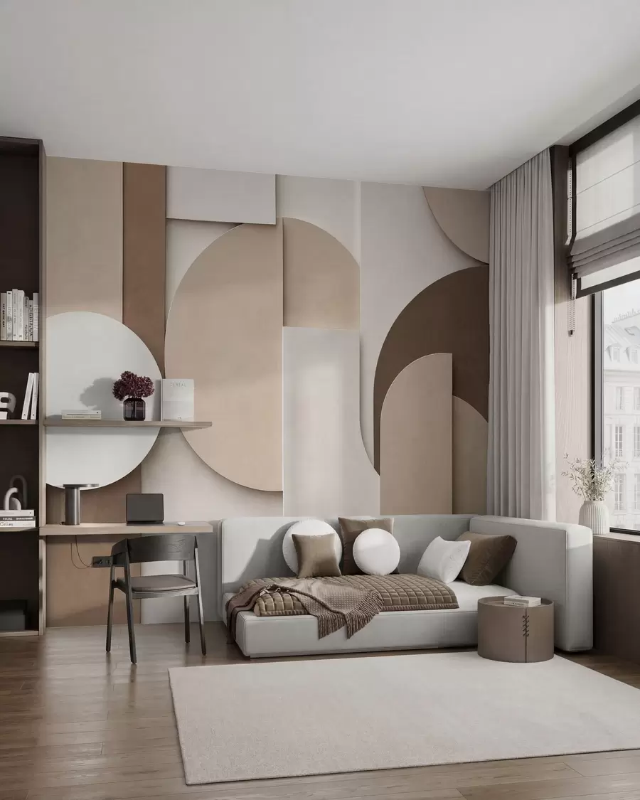 Valokuvatapetti Teksturoidut beige-väriset geometriset muodot kerroksellisessa 3D-kokonaisuudessa, minimalistinen ja moderni seinätaide w05598