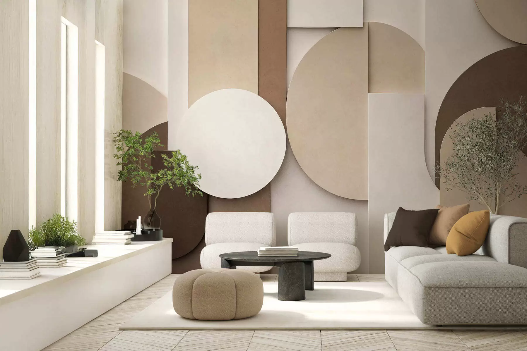 Valokuvatapetti Teksturoidut beige-väriset geometriset muodot kerroksellisessa 3D-kokonaisuudessa, minimalistinen ja moderni seinätaide w05598