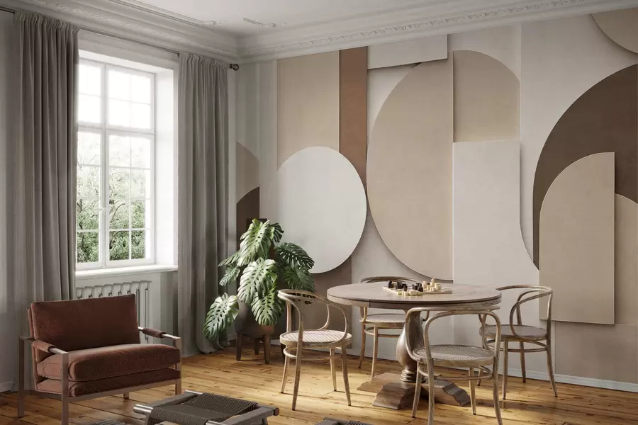 Valokuvatapetti Teksturoidut beige-väriset geometriset muodot kerroksellisessa 3D-kokonaisuudessa, minimalistinen ja moderni seinätaide w05598