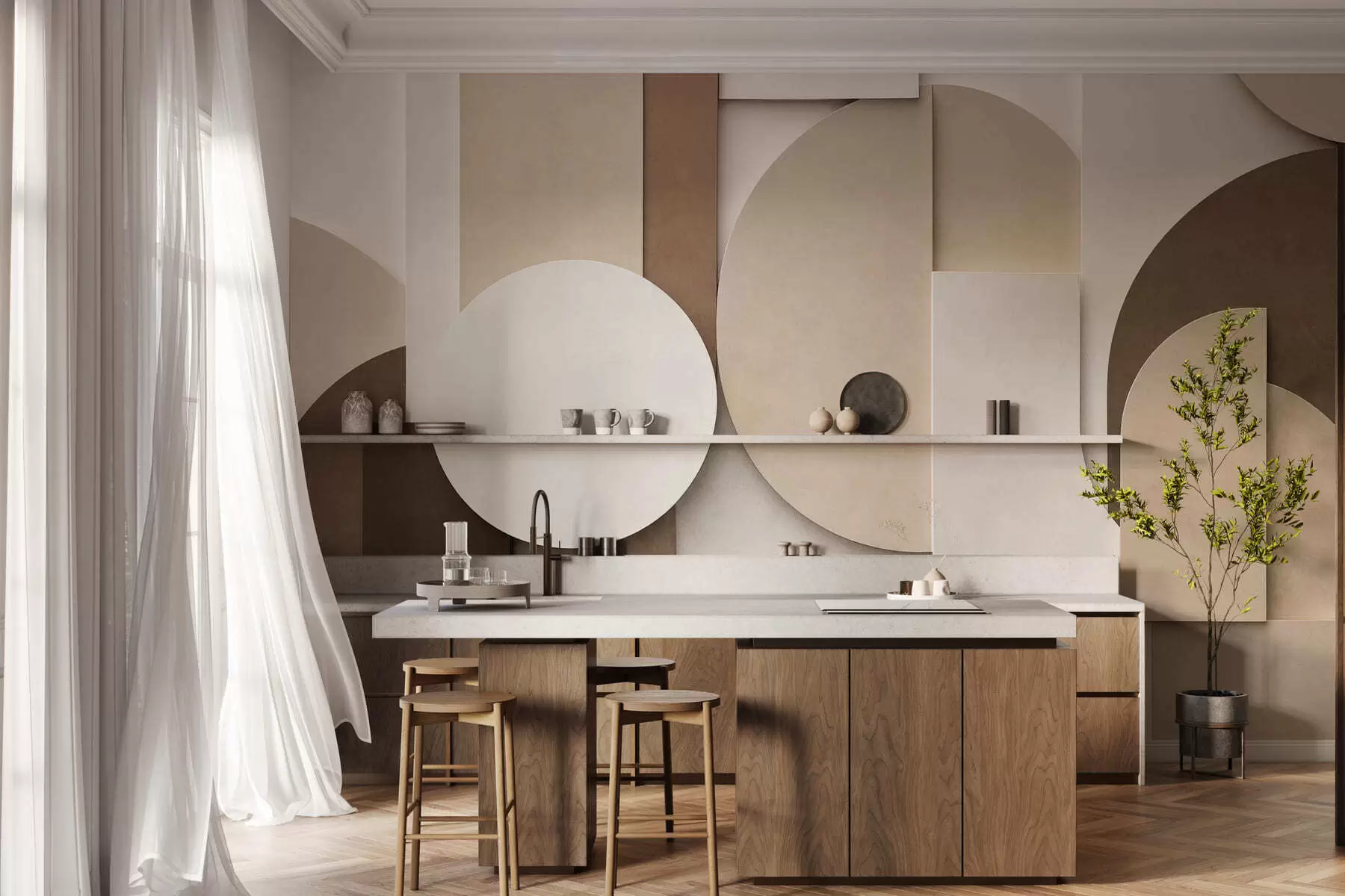 Valokuvatapetti Teksturoidut beige-väriset geometriset muodot kerroksellisessa 3D-kokonaisuudessa, minimalistinen ja moderni seinätaide w05598
