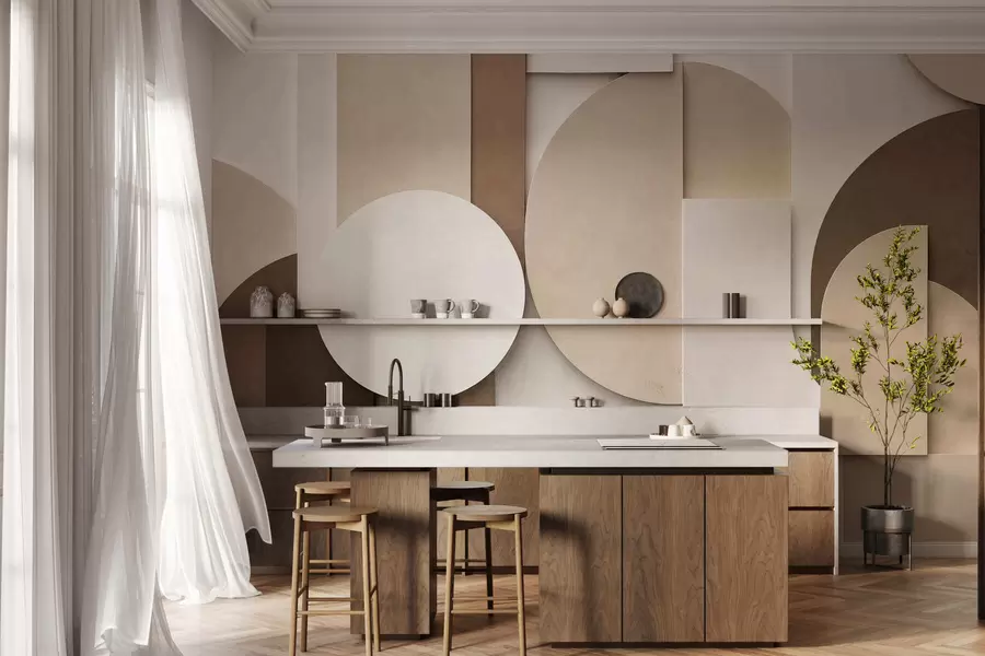 Valokuvatapetti Teksturoidut beige-väriset geometriset muodot kerroksellisessa 3D-kokonaisuudessa, minimalistinen ja moderni seinätaide w05598