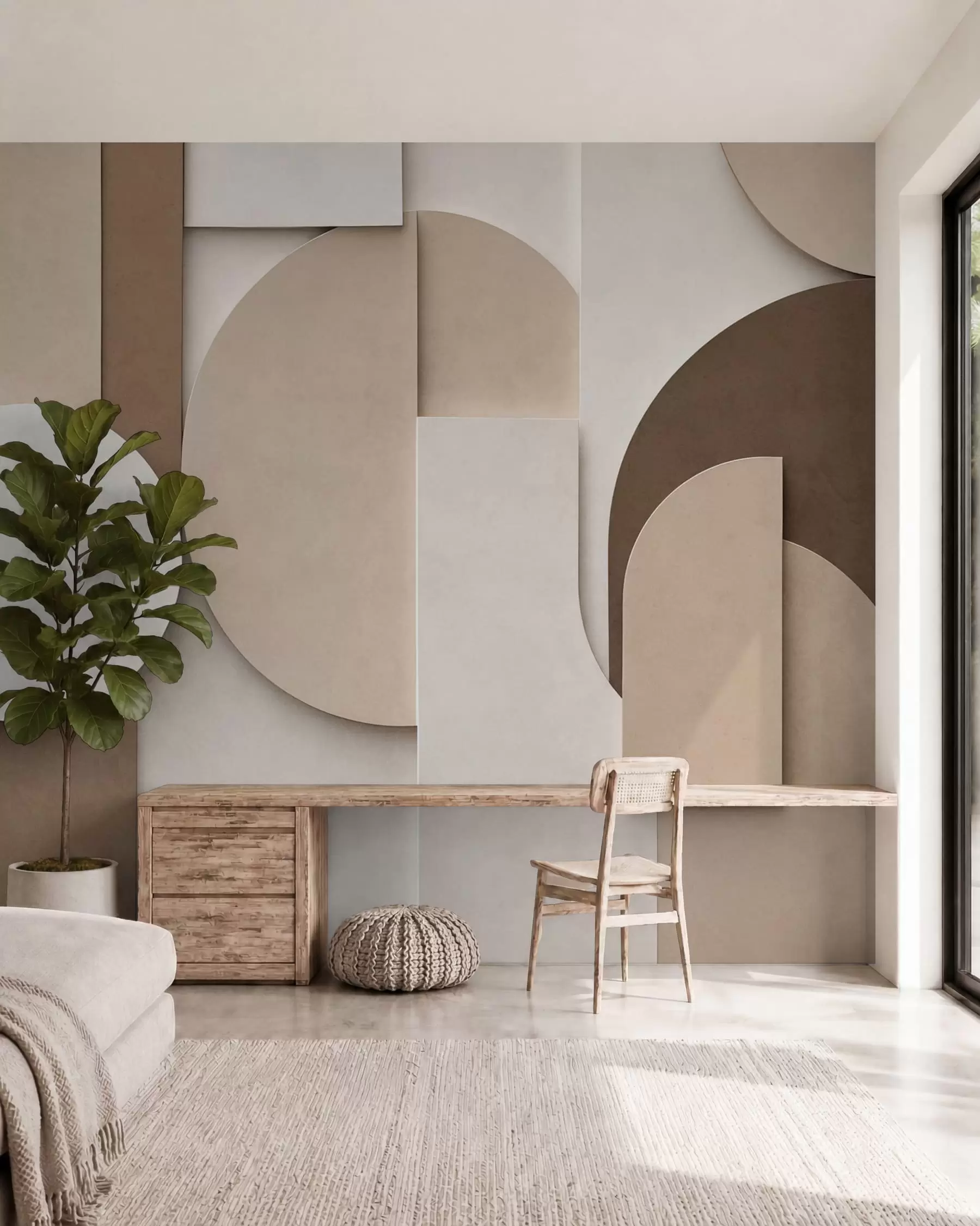 Valokuvatapetti Teksturoidut beige-väriset geometriset muodot kerroksellisessa 3D-kokonaisuudessa, minimalistinen ja moderni seinätaide w05598