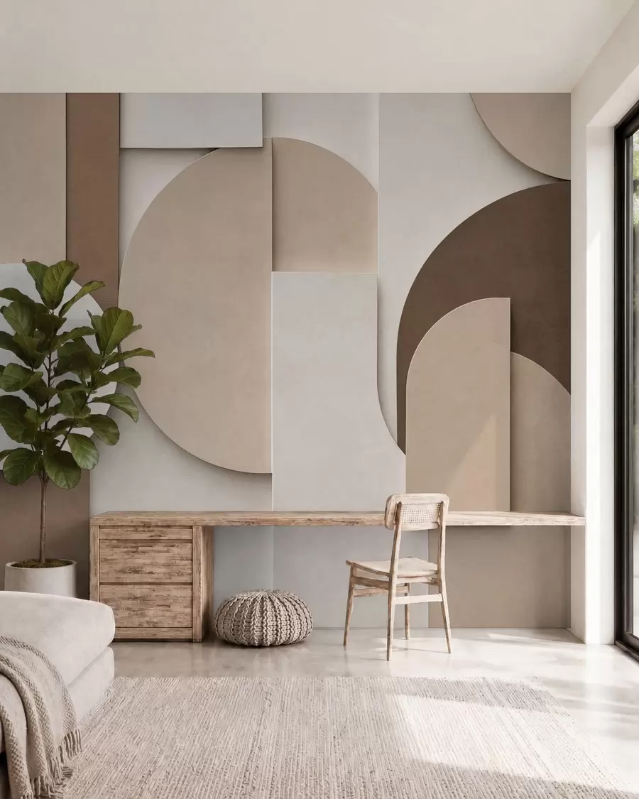 Valokuvatapetti Teksturoidut beige-väriset geometriset muodot kerroksellisessa 3D-kokonaisuudessa, minimalistinen ja moderni seinätaide w05598