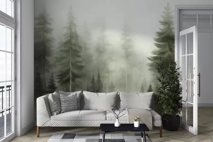 Valokuvatapetti Tiheä metsä, jossa kohoavat korkeat männyt kevyessä sumussa; tekstuurinen maisemataide w09830v1