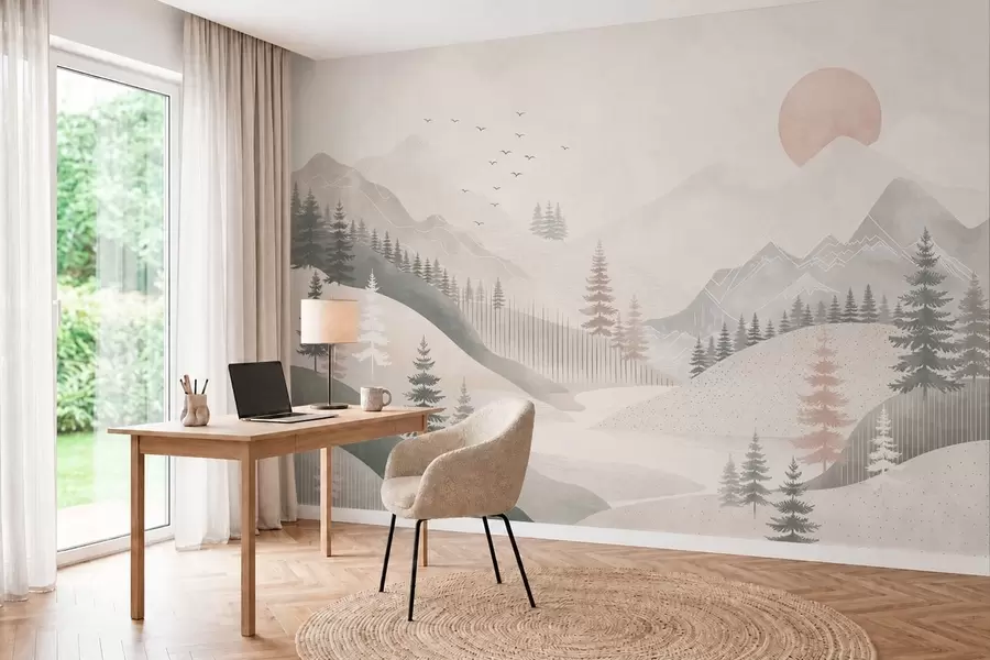 Valokuvatapetti Minimalistinen vuoristomaisema mäntyineen w05626