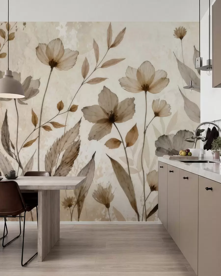 Valokuvatapetti Hienovaraiset vesivärikukat pehmeässä beige- ja kermanvärisessä värimaailmassa w09875