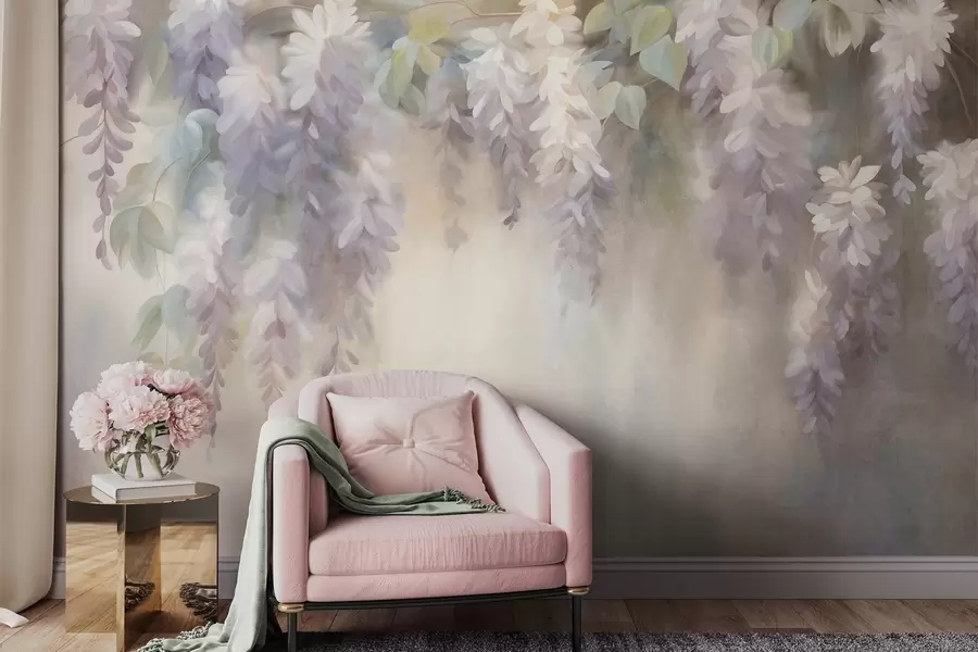 Valokuvatapetti Teksturoidut vaaleanvioletit wisteria-kukat roikkuvat vihreiden lehtien kanssa pastellisävyisellä taustalla w09896