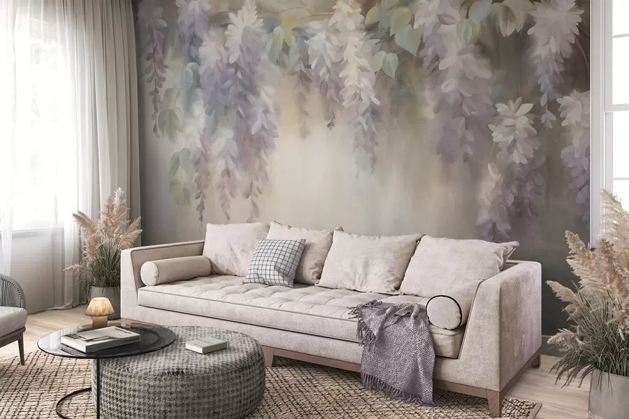 Valokuvatapetti Teksturoidut vaaleanvioletit wisteria-kukat roikkuvat vihreiden lehtien kanssa pastellisävyisellä taustalla w09896