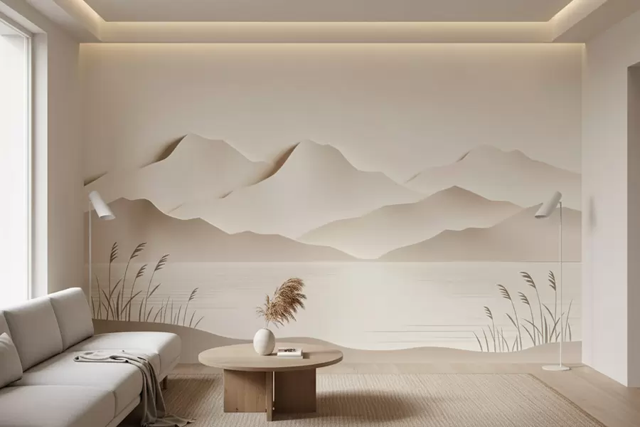 Valokuvatapetti Kerrostunut vuoristomaisema rauhallisen järven rannalla lämpimässä beige-sävyisessä värimaailmassa w09876