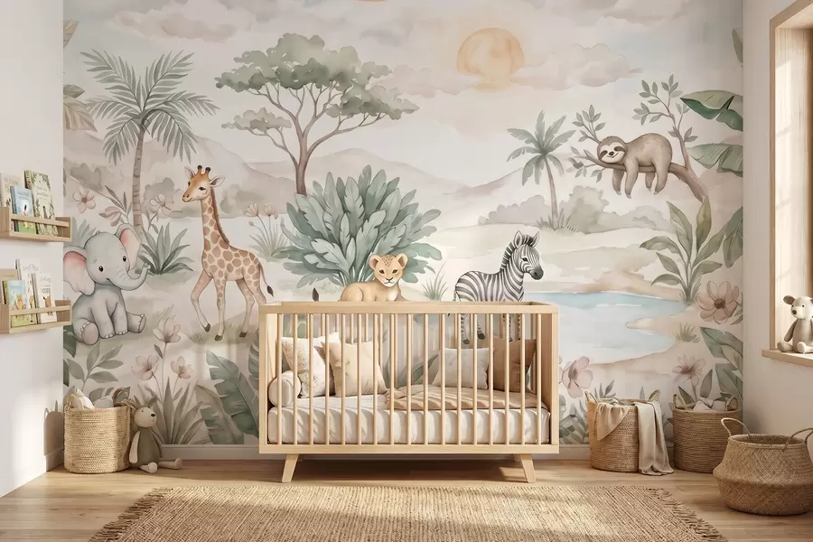 Valokuvatapetti Vesivärimaalaus safarimaisemasta, jossa esiintyy eläimiä herkissä pastellisävyissä: kirahvi, elefantinvauva, seepra ja leijonanpoikanen w09888
