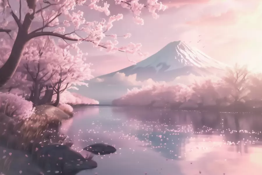 Valokuvatapetti Rauhallinen japanilainen maisema, jossa kirsikankukkia ja vuoristojärvi auringonnousun aikaan w09864