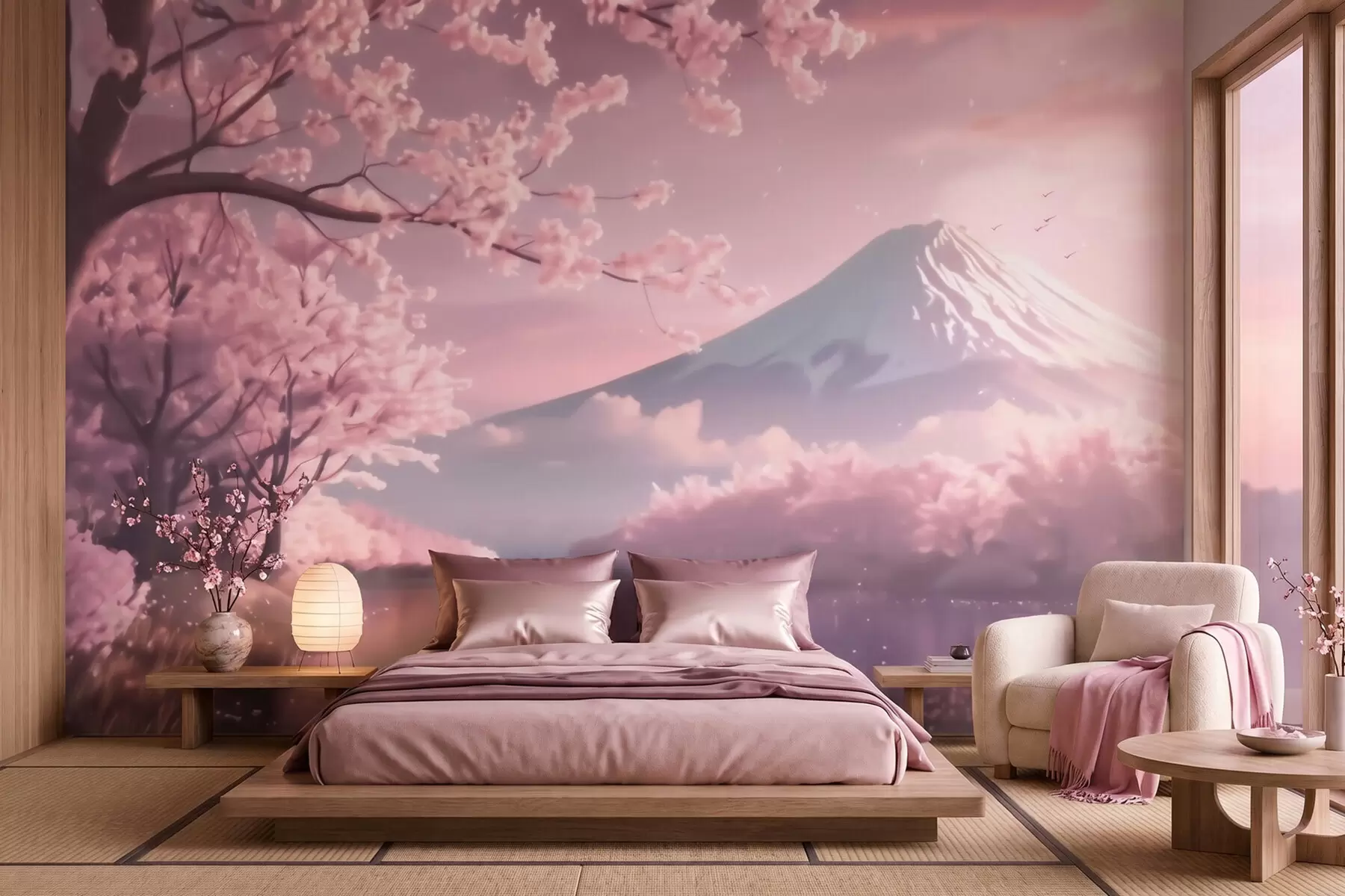 Valokuvatapetti Rauhallinen japanilainen maisema, jossa kirsikankukkia ja vuoristojärvi auringonnousun aikaan w09864
