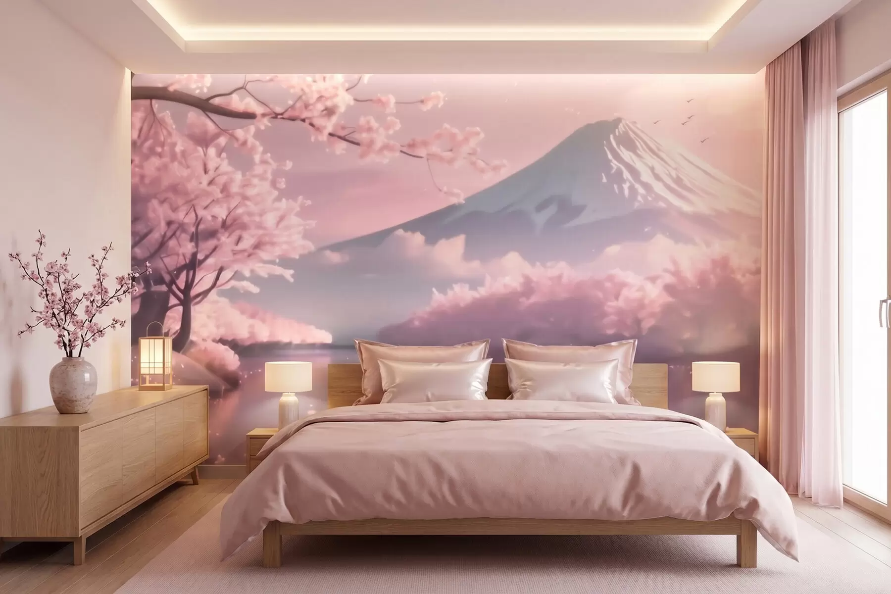 Valokuvatapetti Rauhallinen japanilainen maisema, jossa kirsikankukkia ja vuoristojärvi auringonnousun aikaan w09864