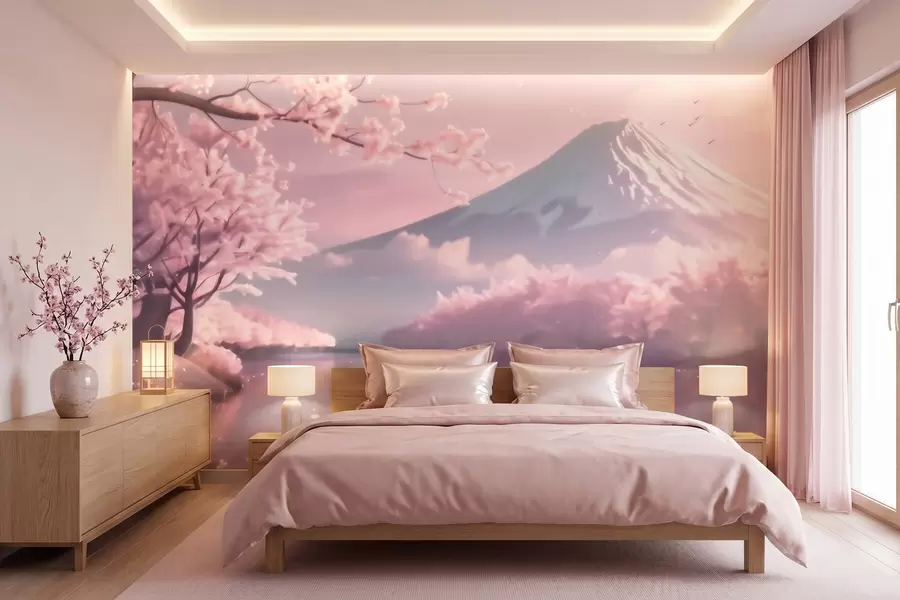 Valokuvatapetti Rauhallinen japanilainen maisema, jossa kirsikankukkia ja vuoristojärvi auringonnousun aikaan w09864