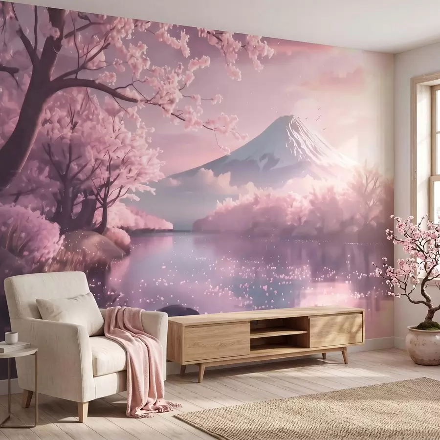 Valokuvatapetti Rauhallinen japanilainen maisema, jossa kirsikankukkia ja vuoristojärvi auringonnousun aikaan w09864